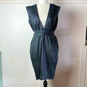 Silk Low Cut Cocktail Dress Purple and Black with Plunge Deep V Neck